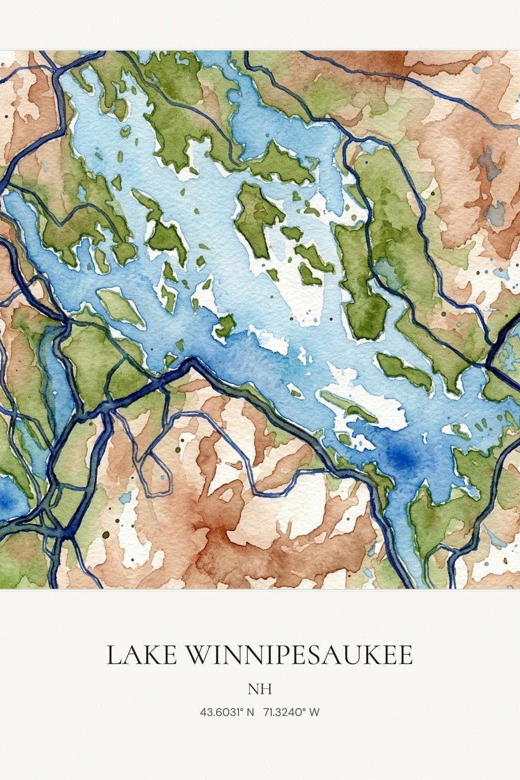 Flat Watercolor map of Lake Winnipesaukee, NH