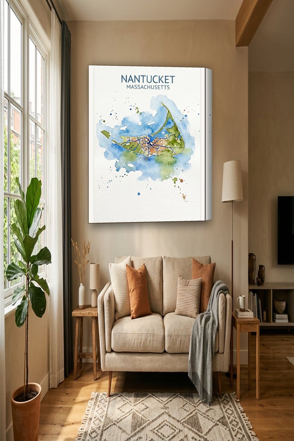 Watercolor map of Nantucket, MA on an 18x24 gallery canvas in a room
