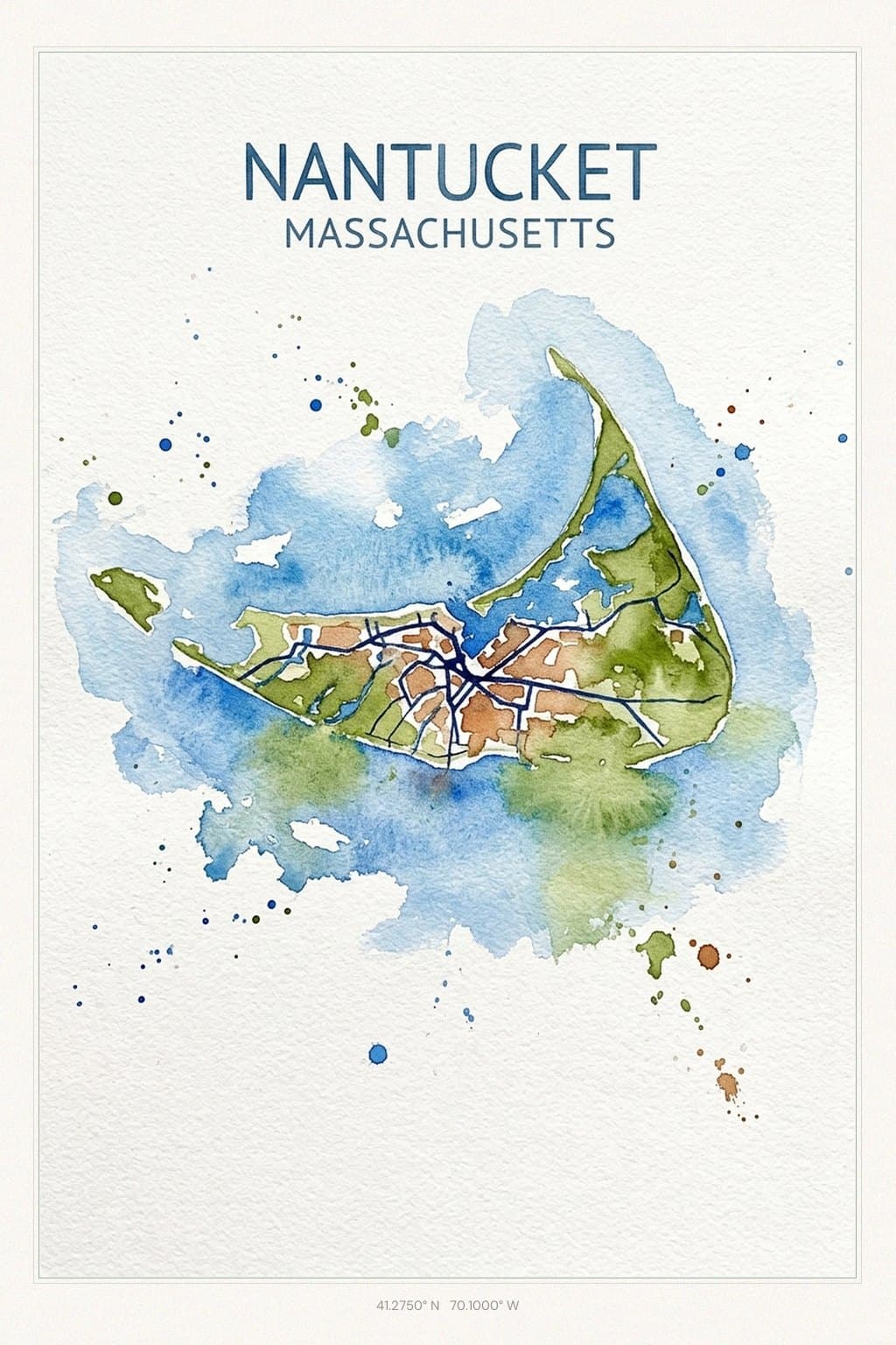 Flat Watercolor map of Nantucket, MA