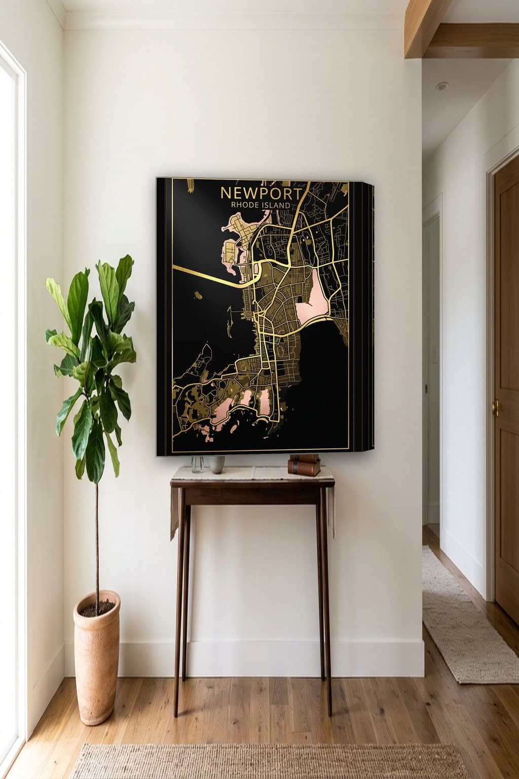 Gold Foil map of Newport, RI on an 18x24 gallery canvas in a room