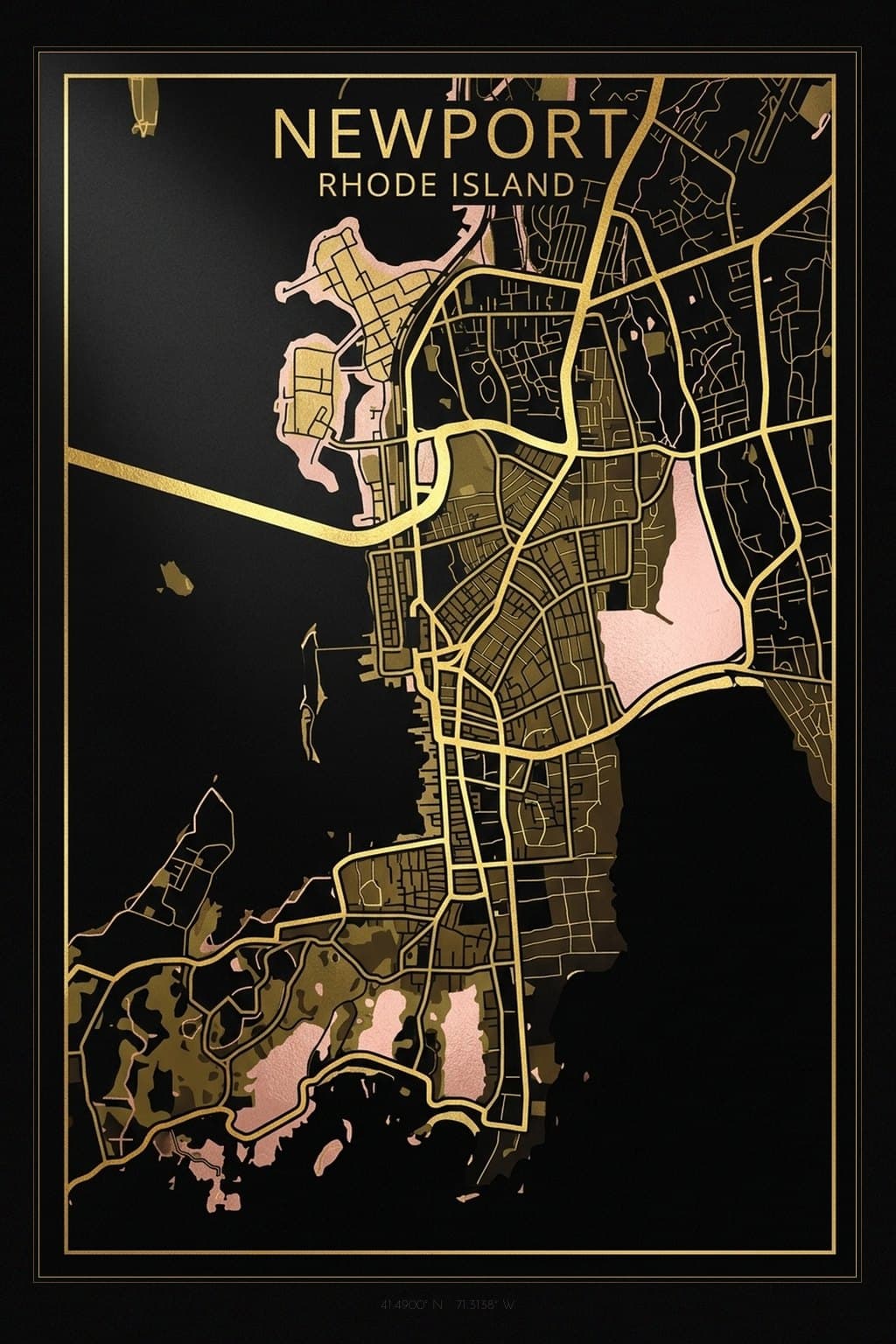 Flat Gold Foil map of Newport, RI