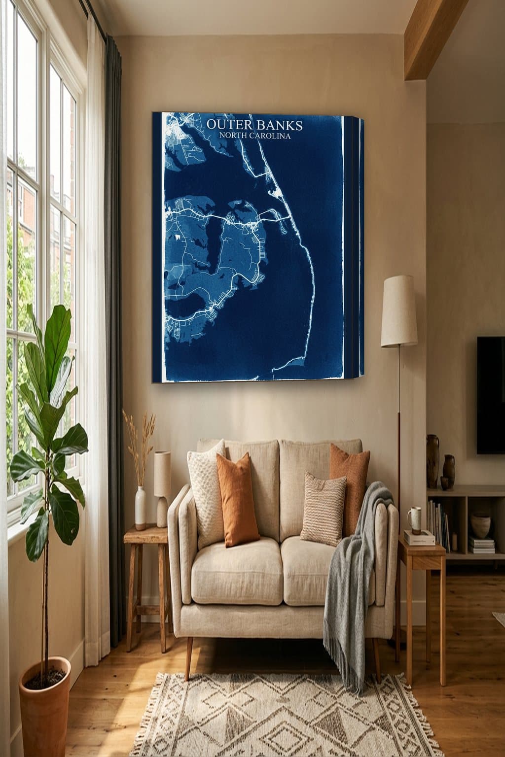 Cyanotype map of Outer Banks, NC on an 18x24 gallery canvas in a room