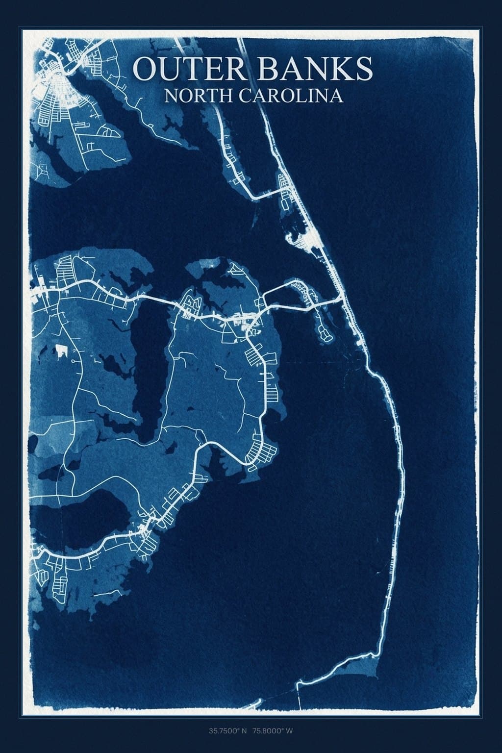 Flat Cyanotype map of Outer Banks, NC