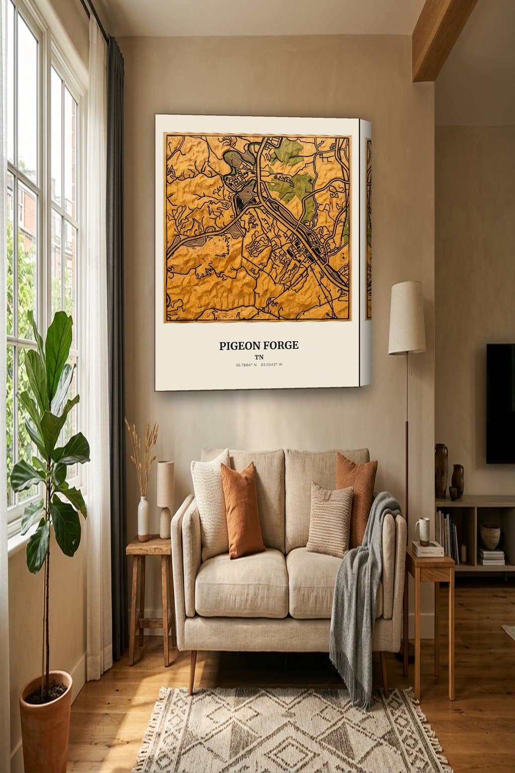 Woodcut map of Pigeon Forge, TN on an 18x24 gallery canvas in a room