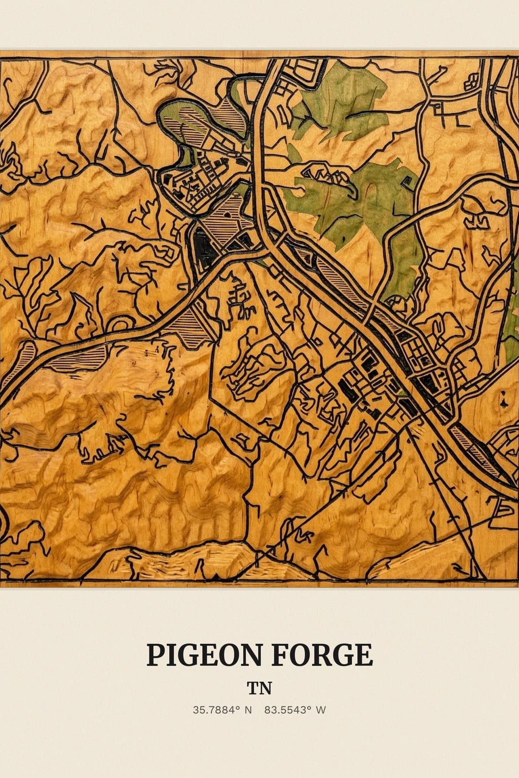 Flat Woodcut map of Pigeon Forge, TN