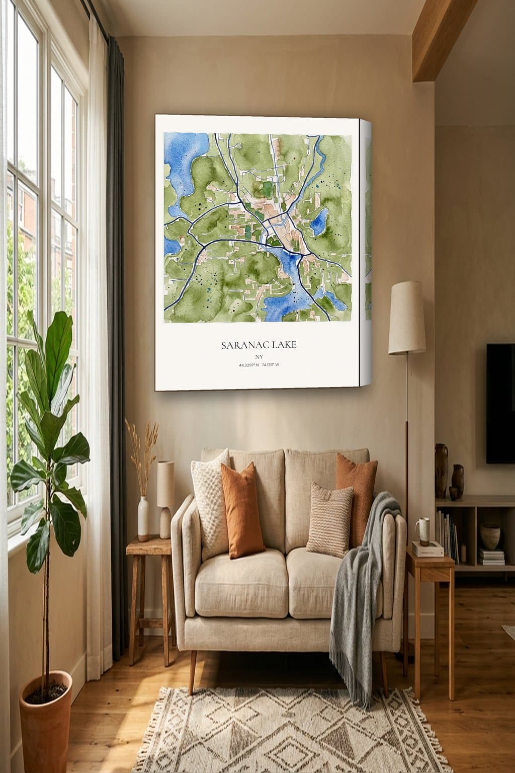 Watercolor map of Saranac Lake, NY on an 18x24 gallery canvas in a room