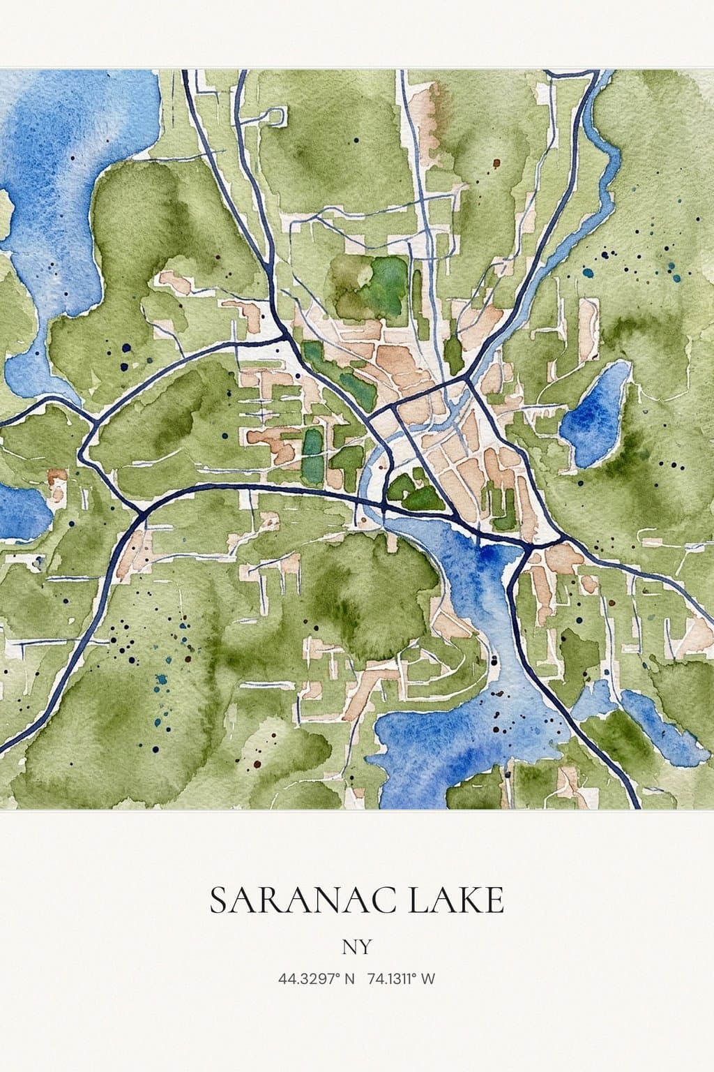 Flat Watercolor map of Saranac Lake, NY