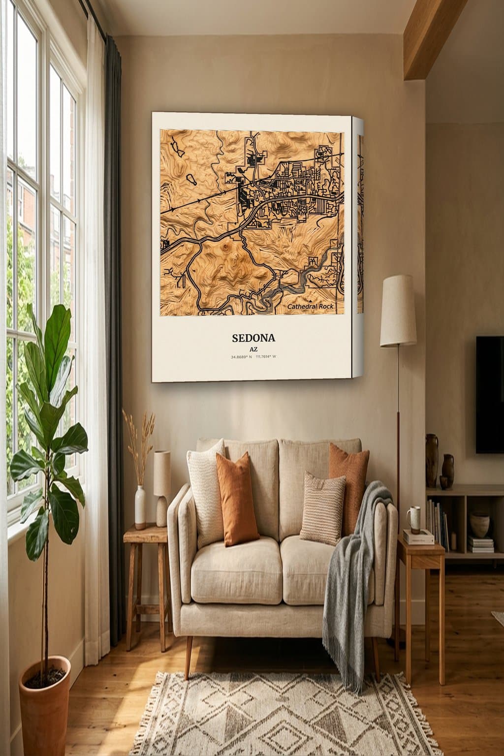 Woodcut map of Sedona, AZ on an 18x24 gallery canvas in a room