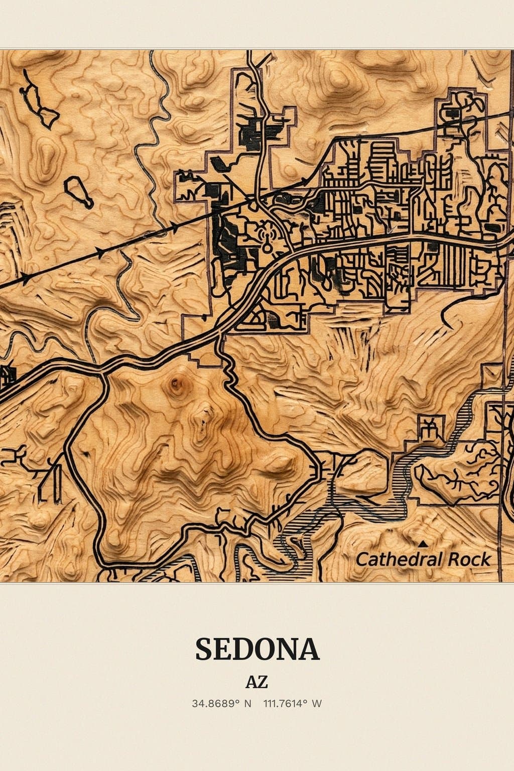 Flat Woodcut map of Sedona, AZ