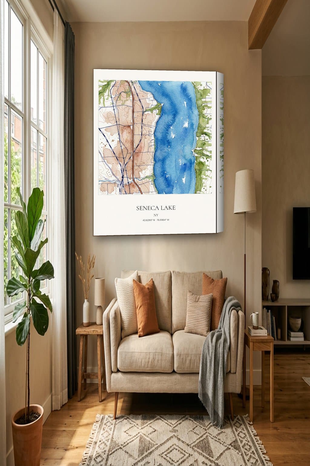 Watercolor map of Seneca Lake, NY on an 18x24 gallery canvas in a room