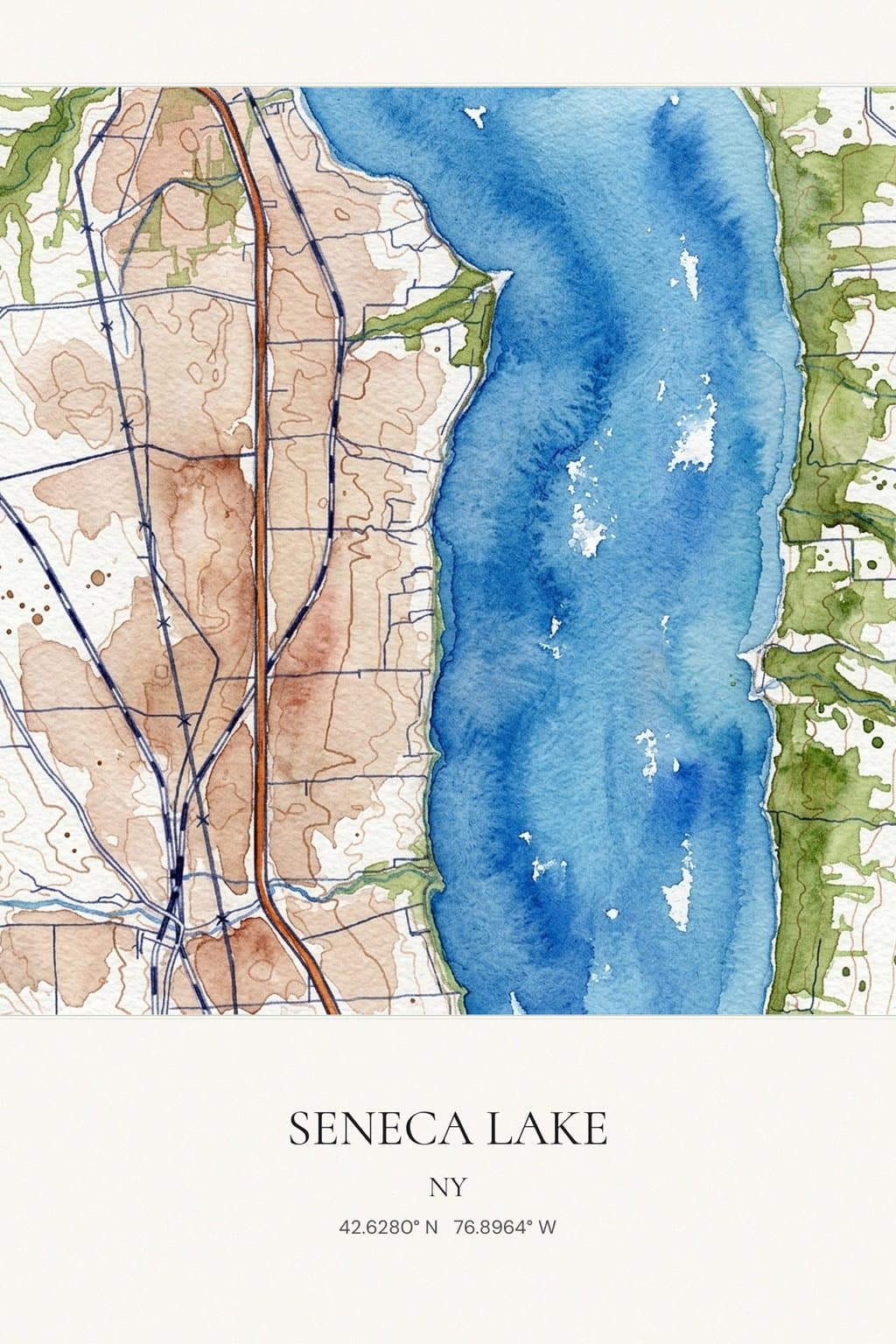 Flat Watercolor map of Seneca Lake, NY
