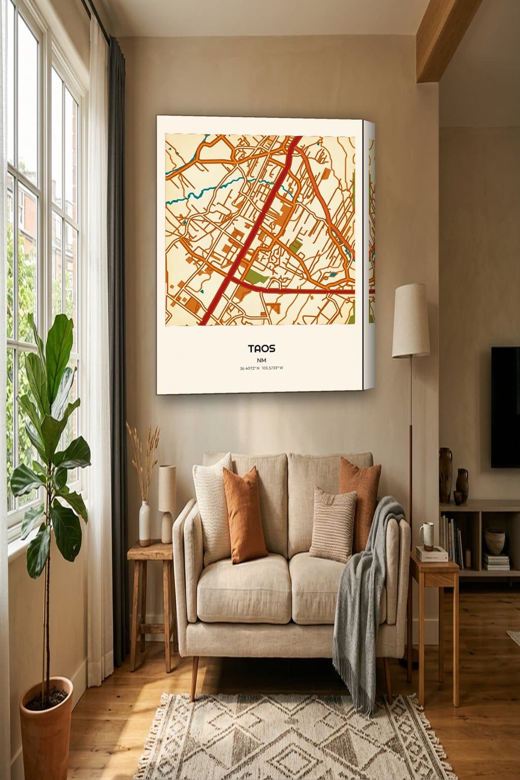 Vintage Travel Poster map of Taos, NM on an 18x24 gallery canvas in a room