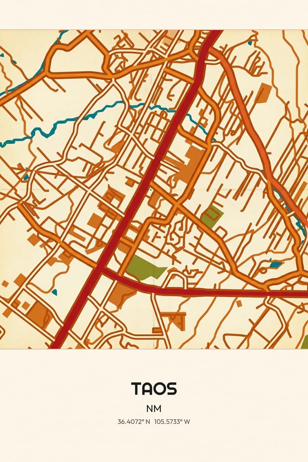 Flat Vintage Travel Poster map of Taos, NM