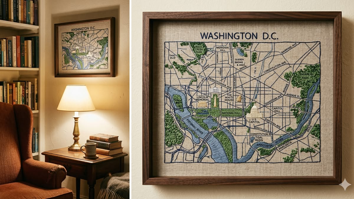 Washington DC Embroidered Linen map in Reading Nook